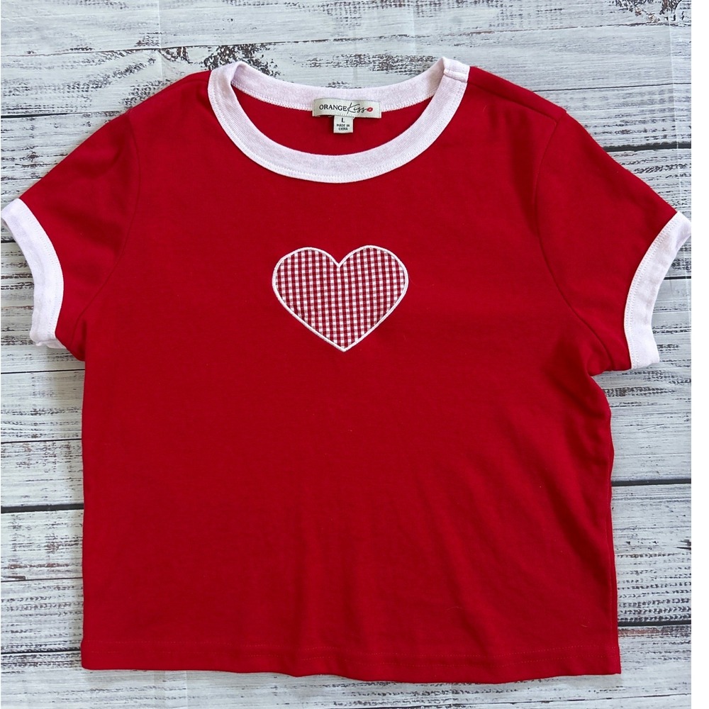 Orange Kiss Y2K Red Ringer Tee Gingham Heart‎ Patch Cotton Shirt Womens Large